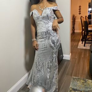 Windsor Maxi Prom/formal Silver Sequin off-shoulder dress